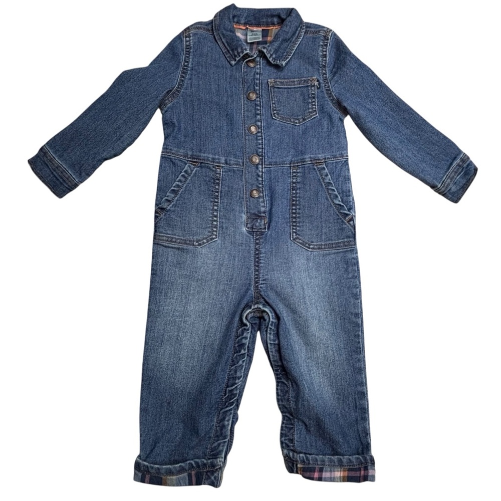 Baby B’Gosh Long Sleeve Full Snap Plaid Flip Hem Denim 5 Pocket Jumpsuit 24mo